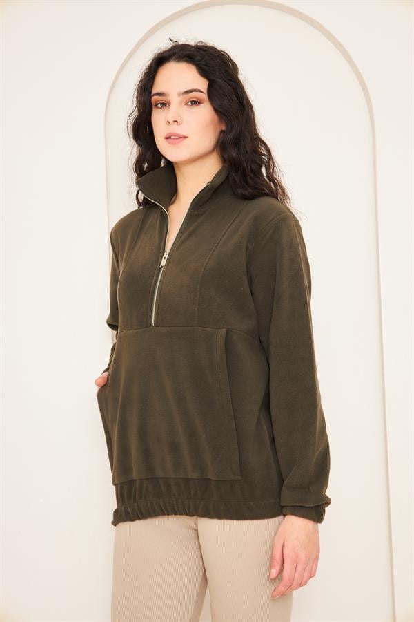 Camenta Haki Kadın Kangru Cepli Polar Sweatshirt