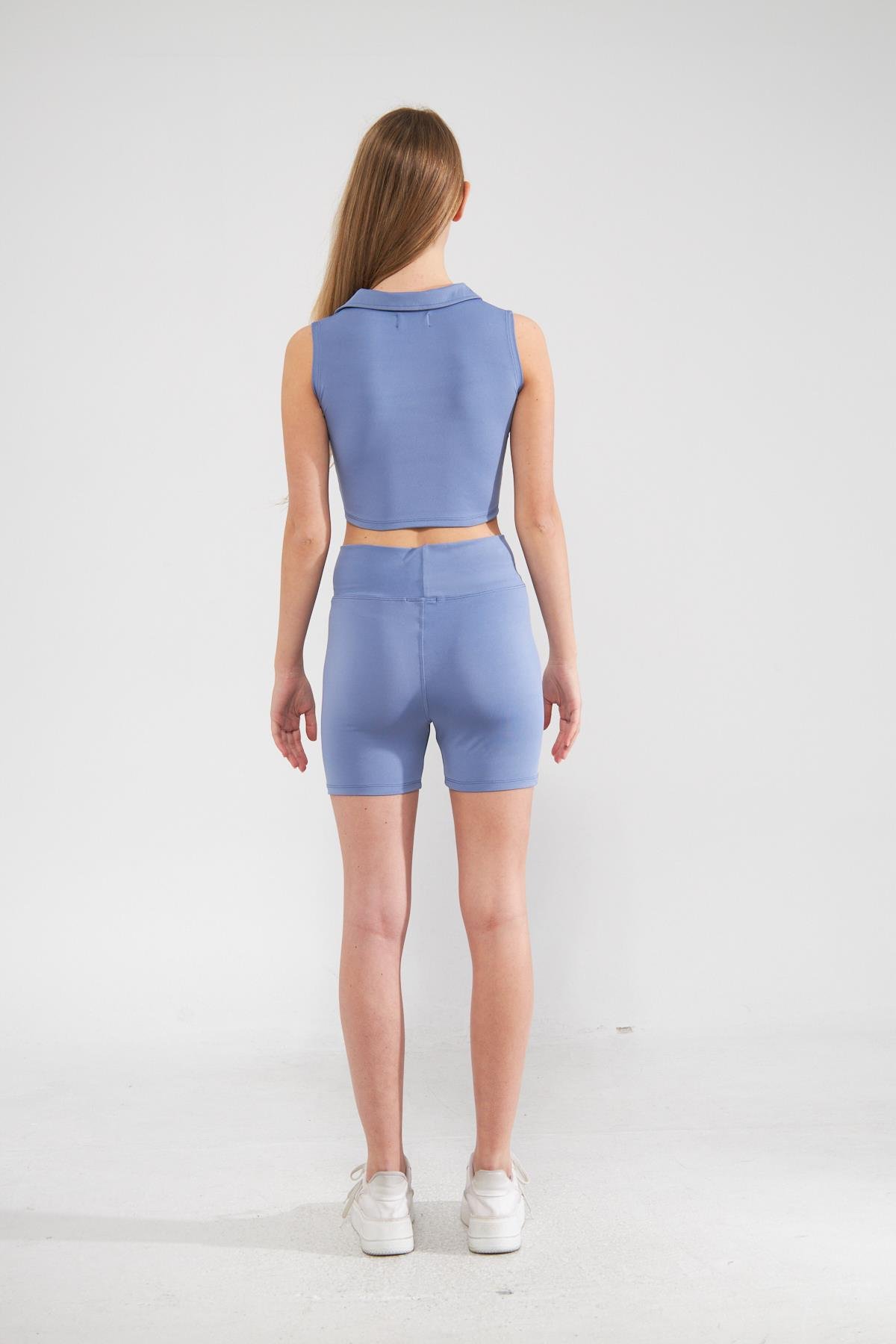 Camenta İndigo Polo Yaka Sıfır Kol Spor Crop Top 