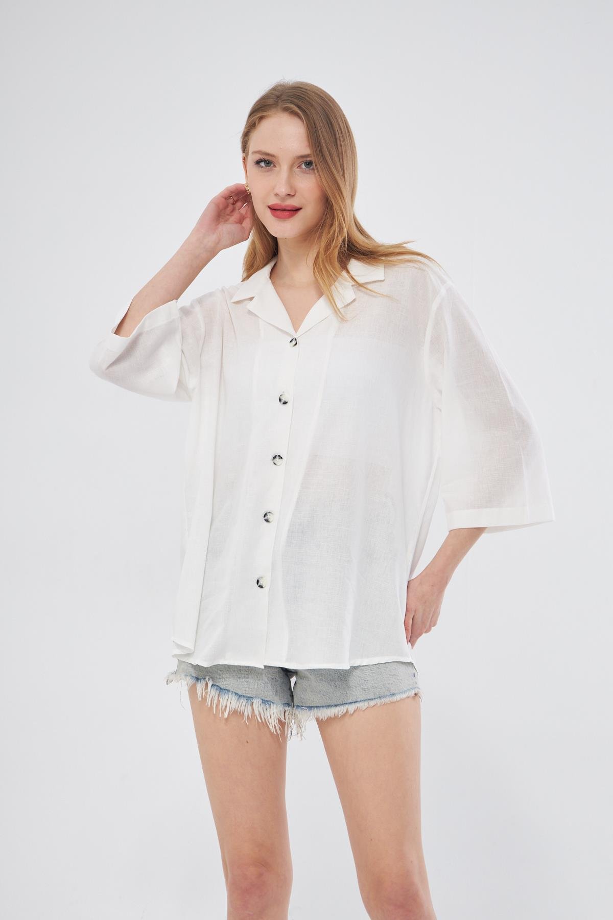 Camenta Kadın Ceket Yaka Yarım Kol Keten Gömlek