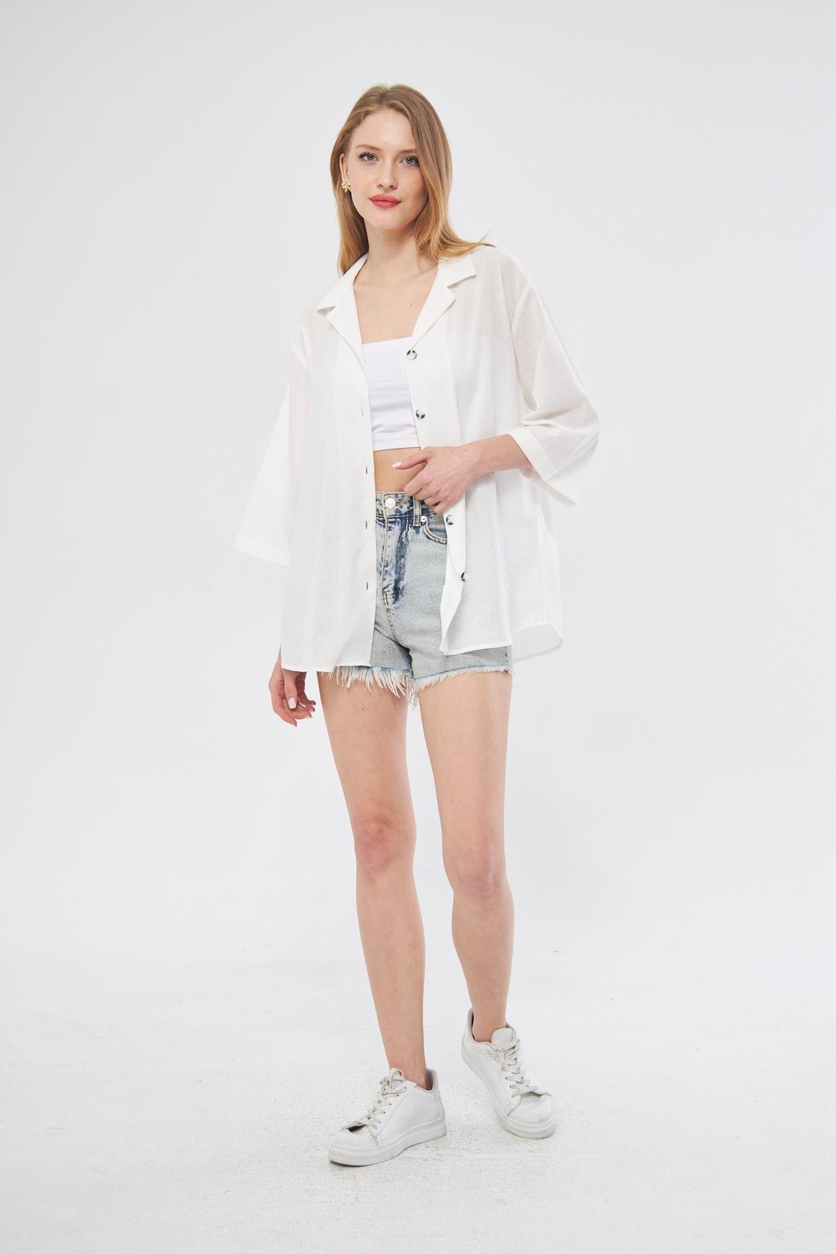 Camenta Kadın Ceket Yaka Yarım Kol Keten Gömlek