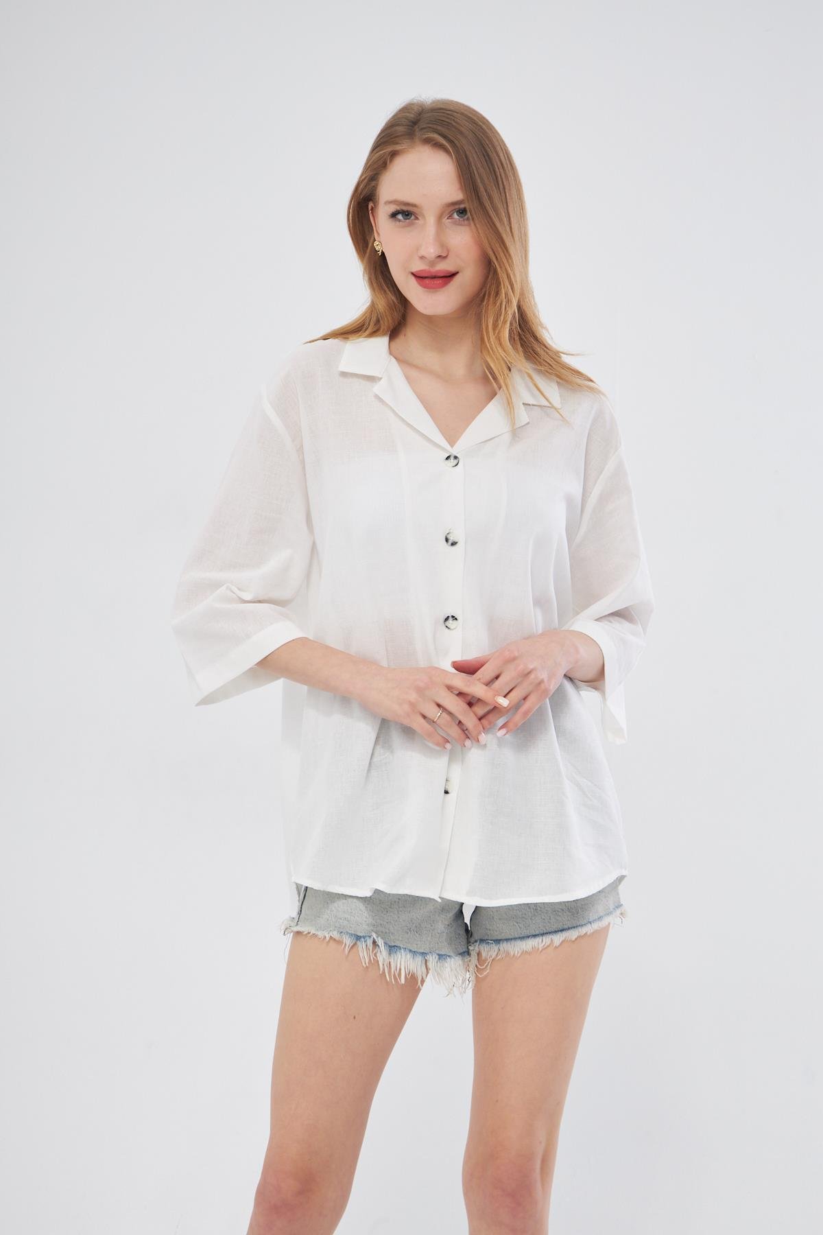 Camenta Kadın Ceket Yaka Yarım Kol Keten Gömlek