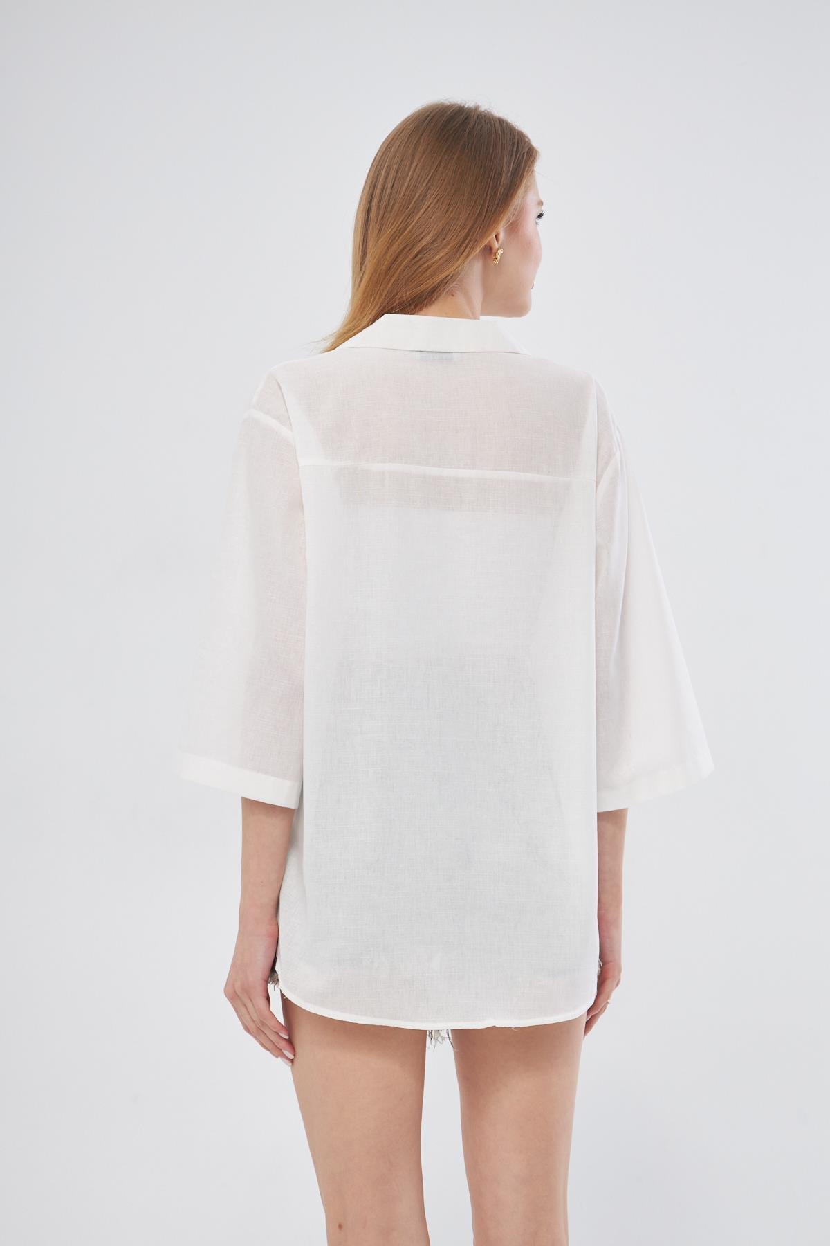 Camenta Kadın Ceket Yaka Yarım Kol Keten Gömlek