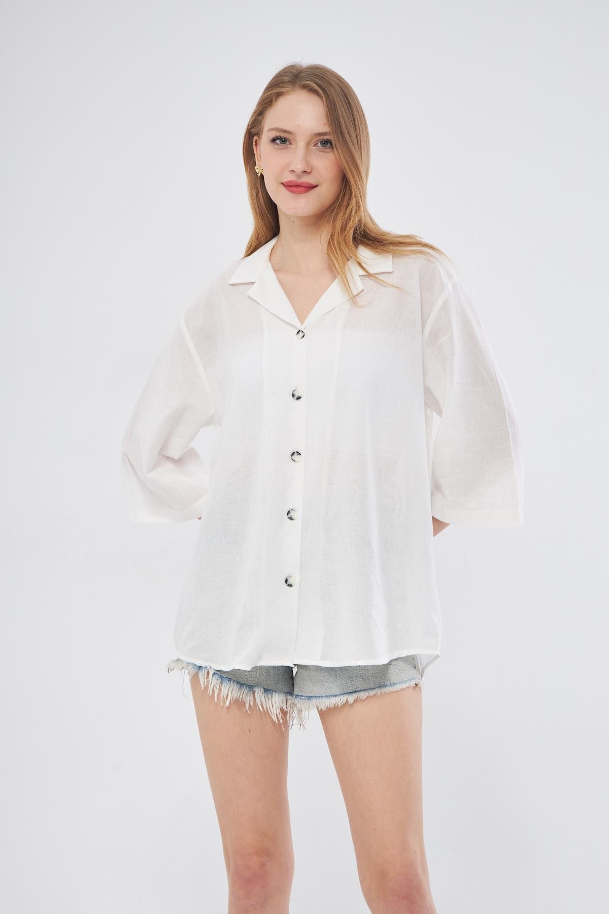 Camenta Kadın Ceket Yaka Yarım Kol Keten Gömlek