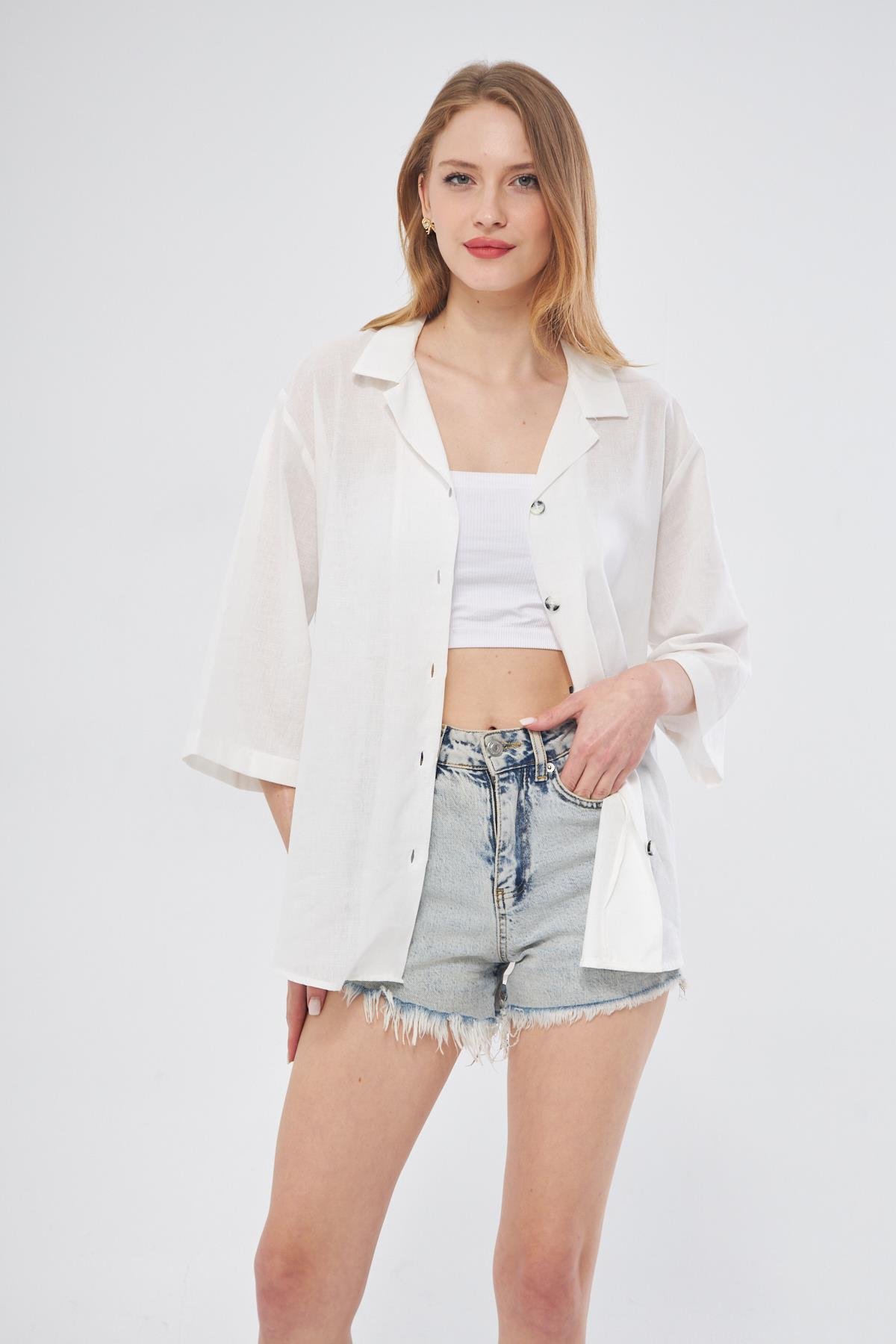 Camenta Kadın Ceket Yaka Yarım Kol Keten Gömlek