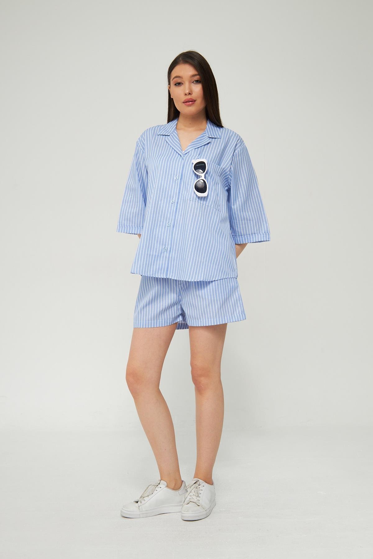 Camenta Kadın Çizgili Gömlek Şort Takım