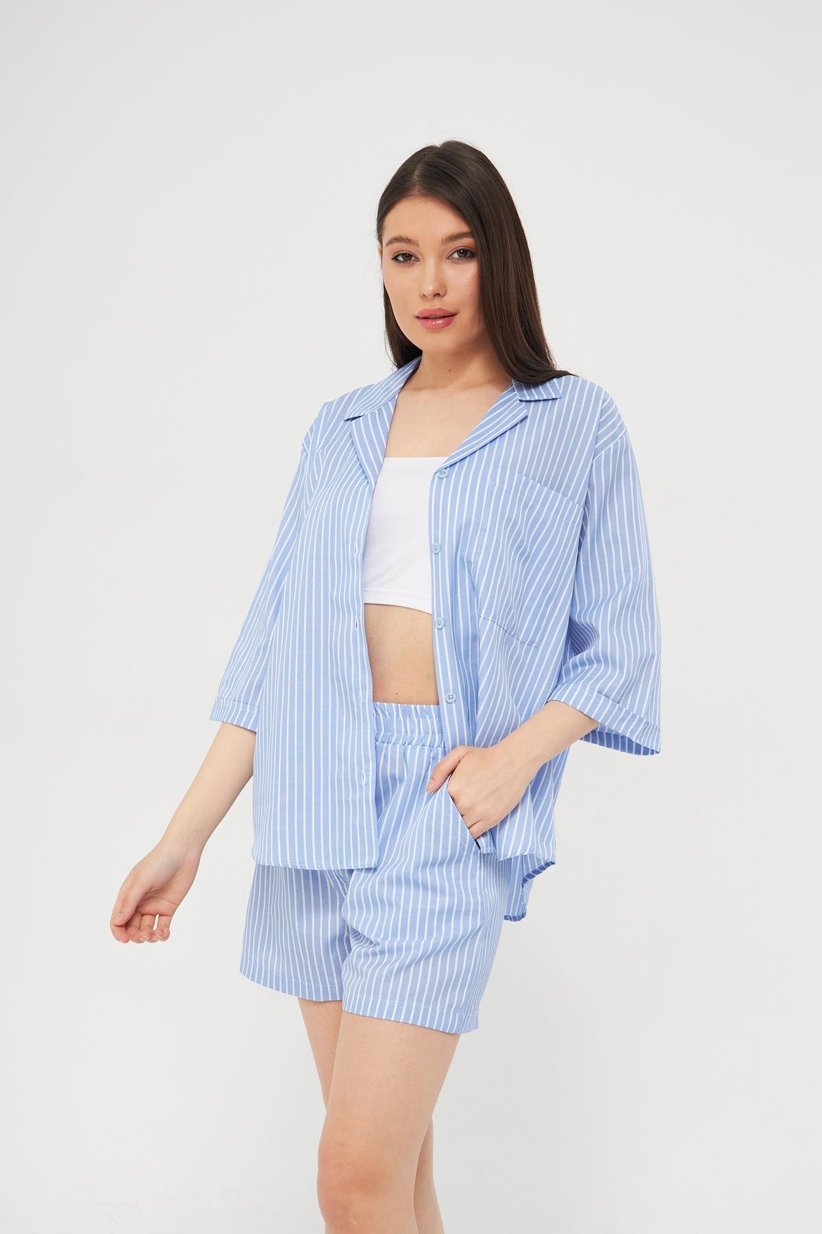 Camenta Kadın Çizgili Gömlek Şort Takım