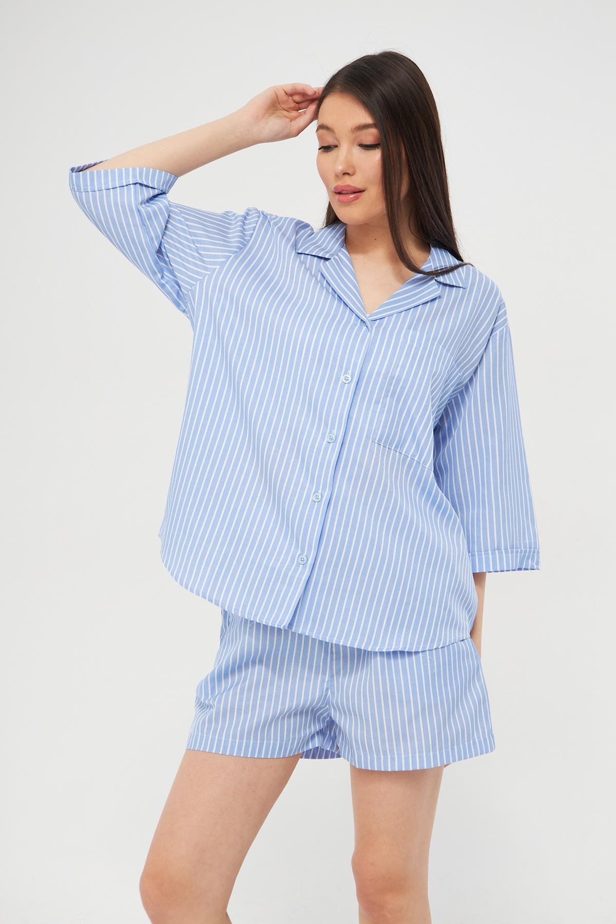 Camenta Kadın Çizgili Gömlek Şort Takım