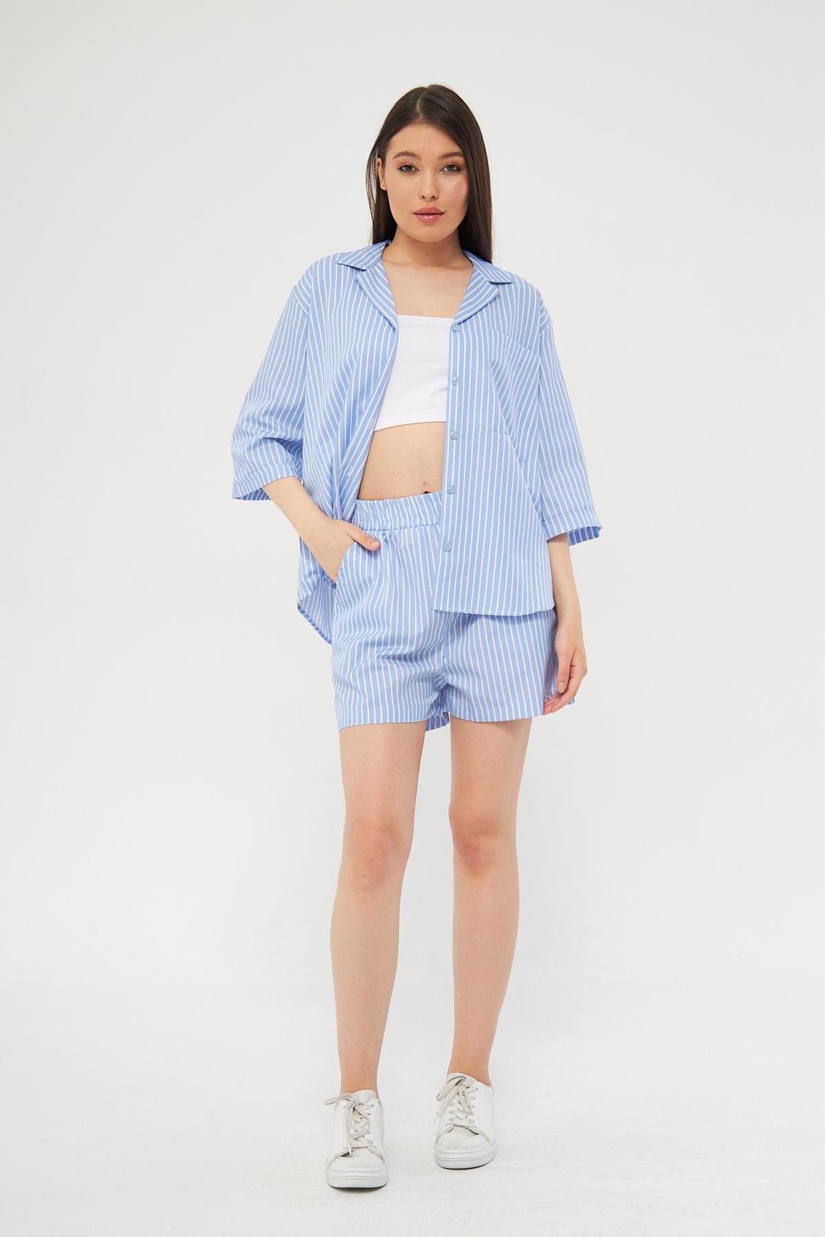 Camenta Kadın Çizgili Gömlek Şort Takım
