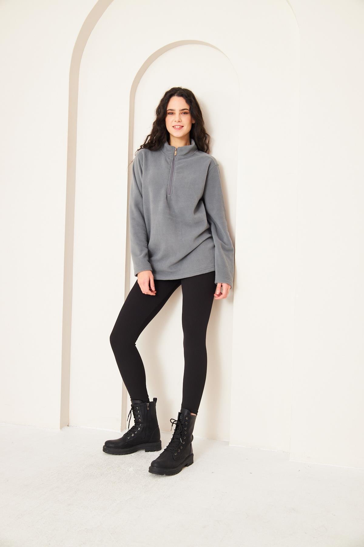 Camenta Kadın Gri Fermuarlı Polar Sweatshirt