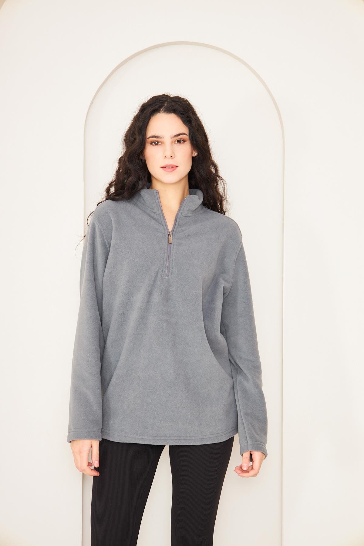 Camenta Kadın Gri Fermuarlı Polar Sweatshirt