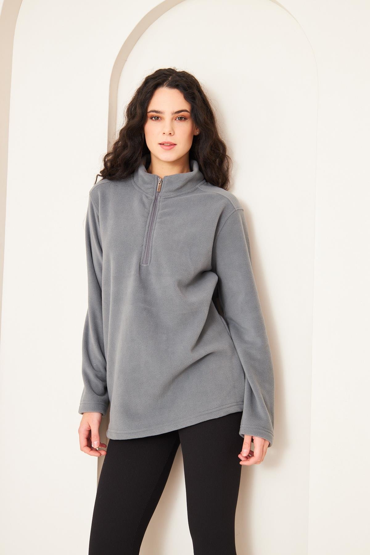 Camenta Kadın Gri Fermuarlı Polar Sweatshirt