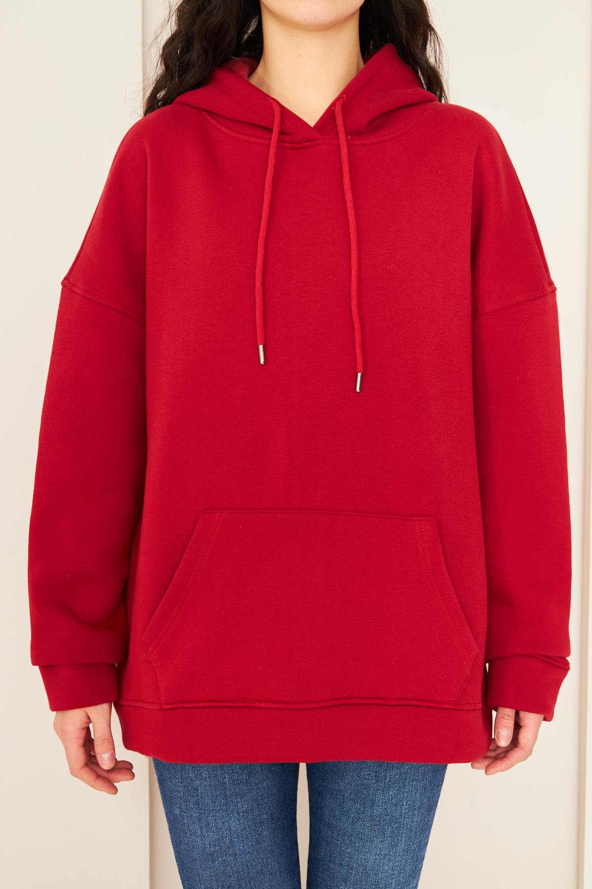 Camenta Kadın Kırmızı Kanguru Cepli Kapüşonlu Oversize Sweatshirt