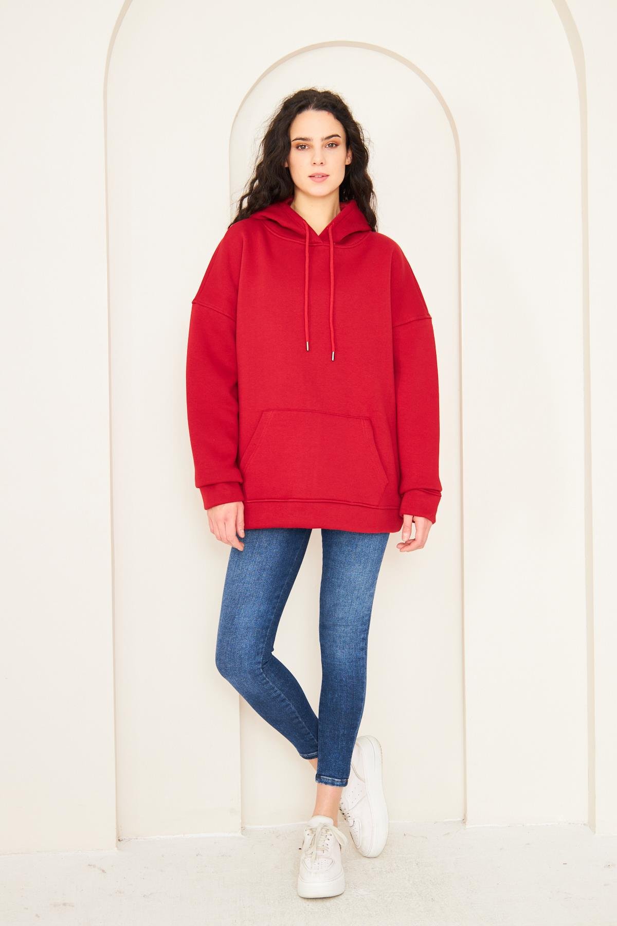 Camenta Kadın Kırmızı Kanguru Cepli Kapüşonlu Oversize Sweatshirt