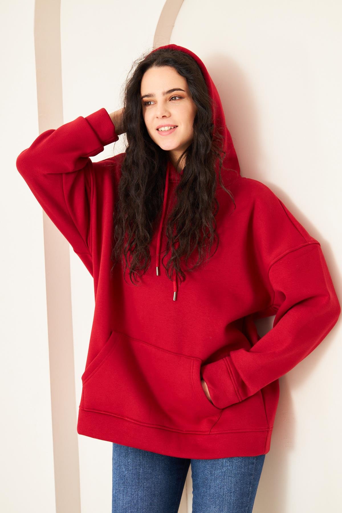 Camenta Kadın Kırmızı Kanguru Cepli Kapüşonlu Oversize Sweatshirt