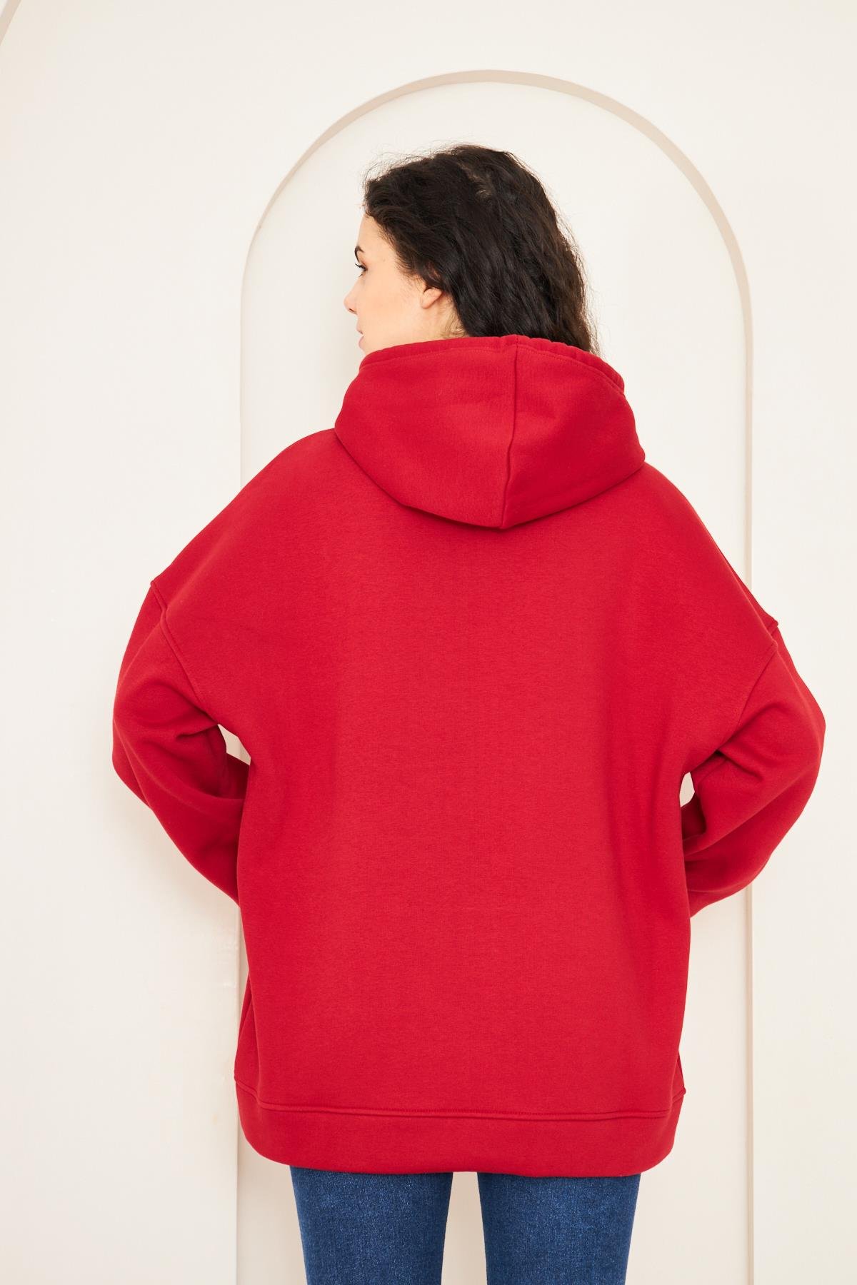 Camenta Kadın Kırmızı Kanguru Cepli Kapüşonlu Oversize Sweatshirt