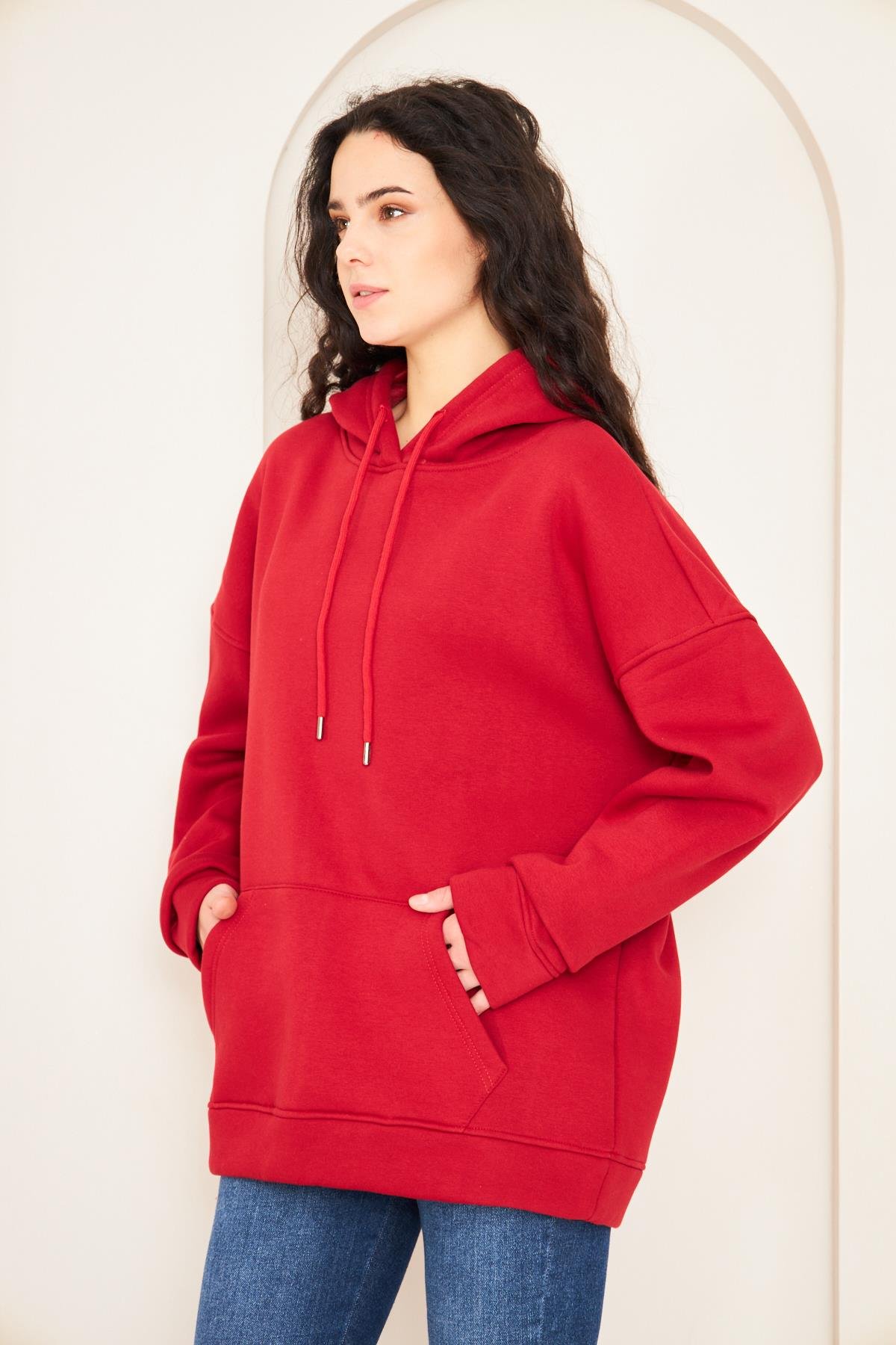 Camenta Kadın Kırmızı Kanguru Cepli Kapüşonlu Oversize Sweatshirt
