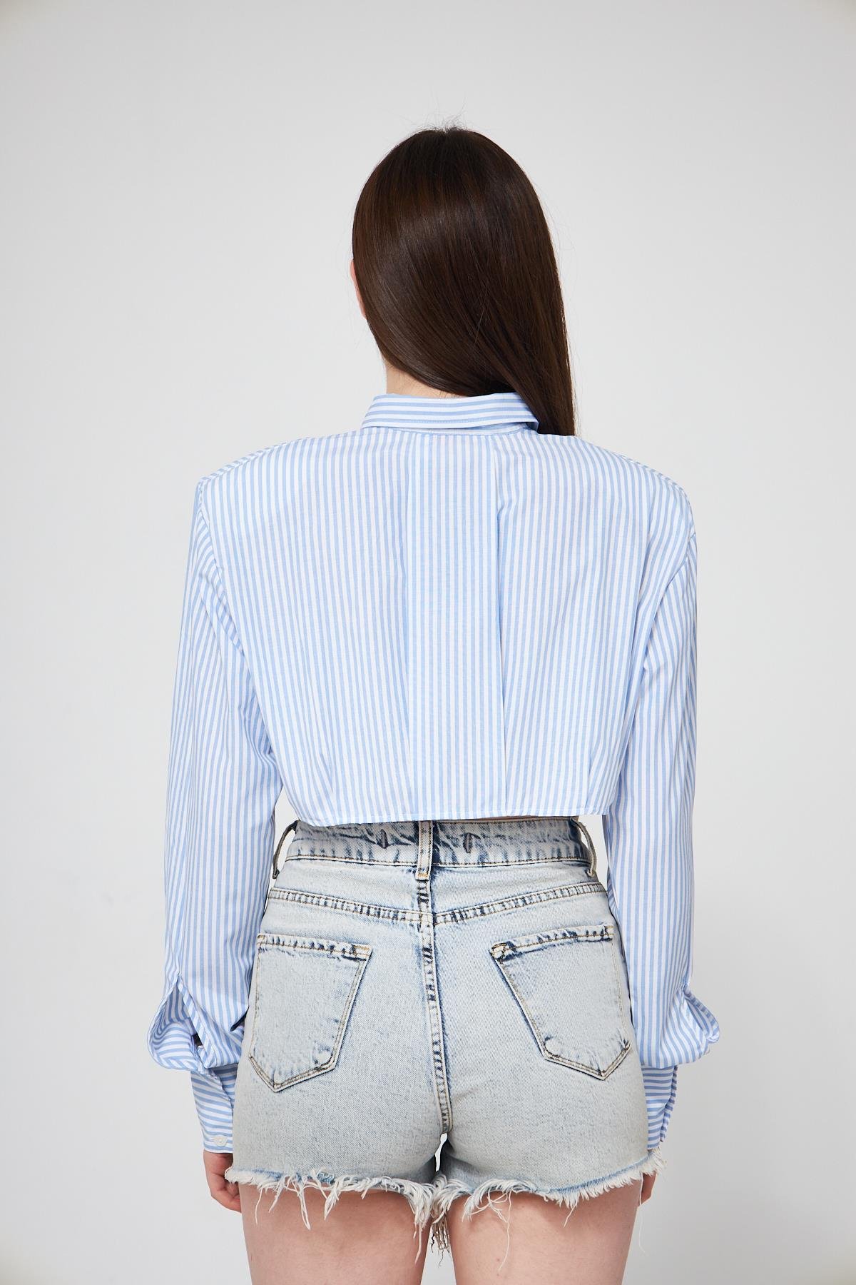 Camenta Kadın Mavi Çizgili Vatkalı Crop Gömlek
