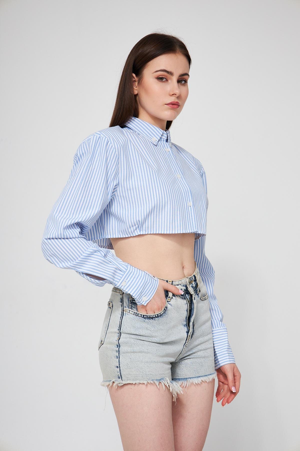 Camenta Kadın Mavi Çizgili Vatkalı Crop Gömlek