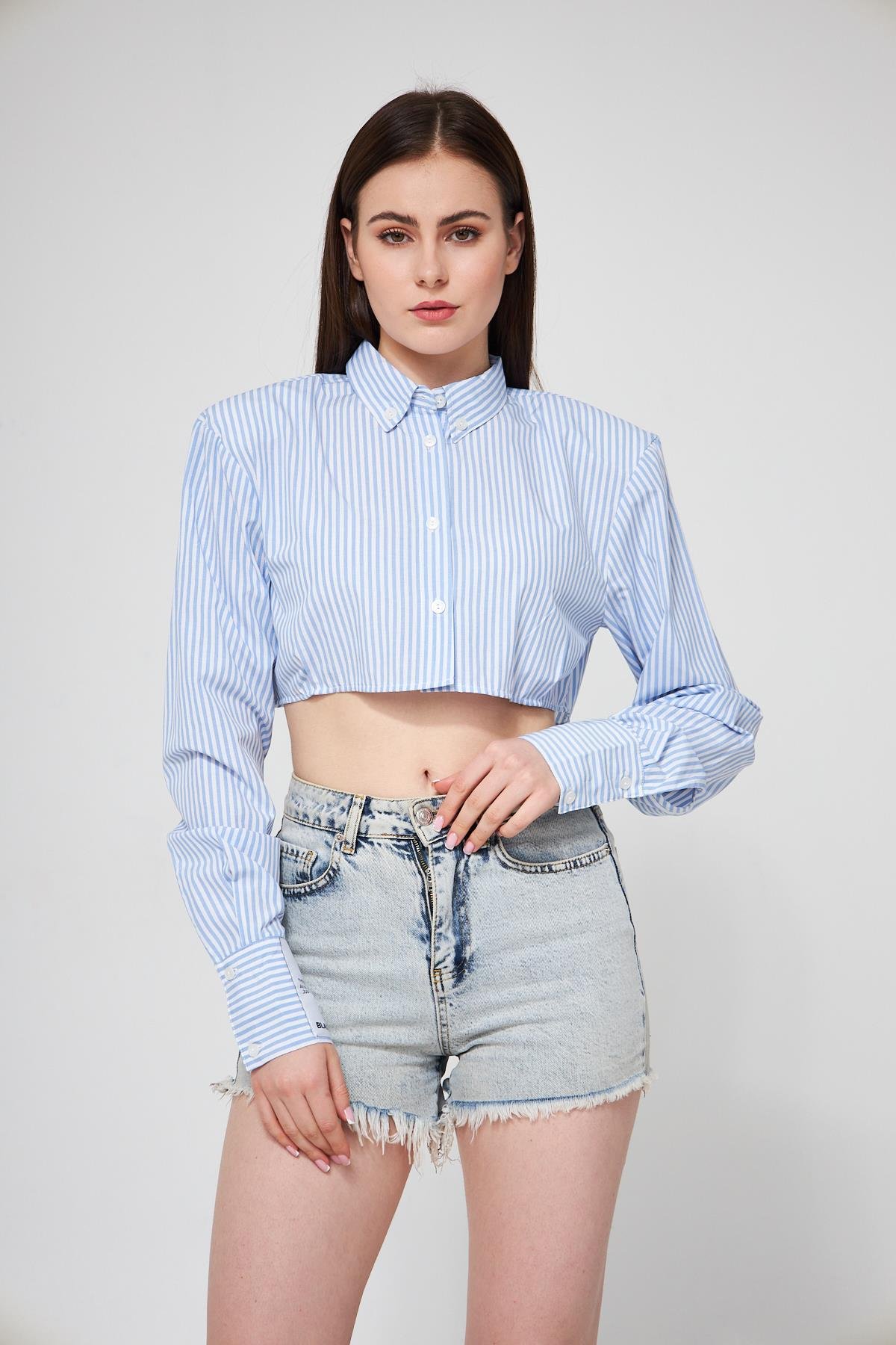 Camenta Kadın Mavi Çizgili Vatkalı Crop Gömlek