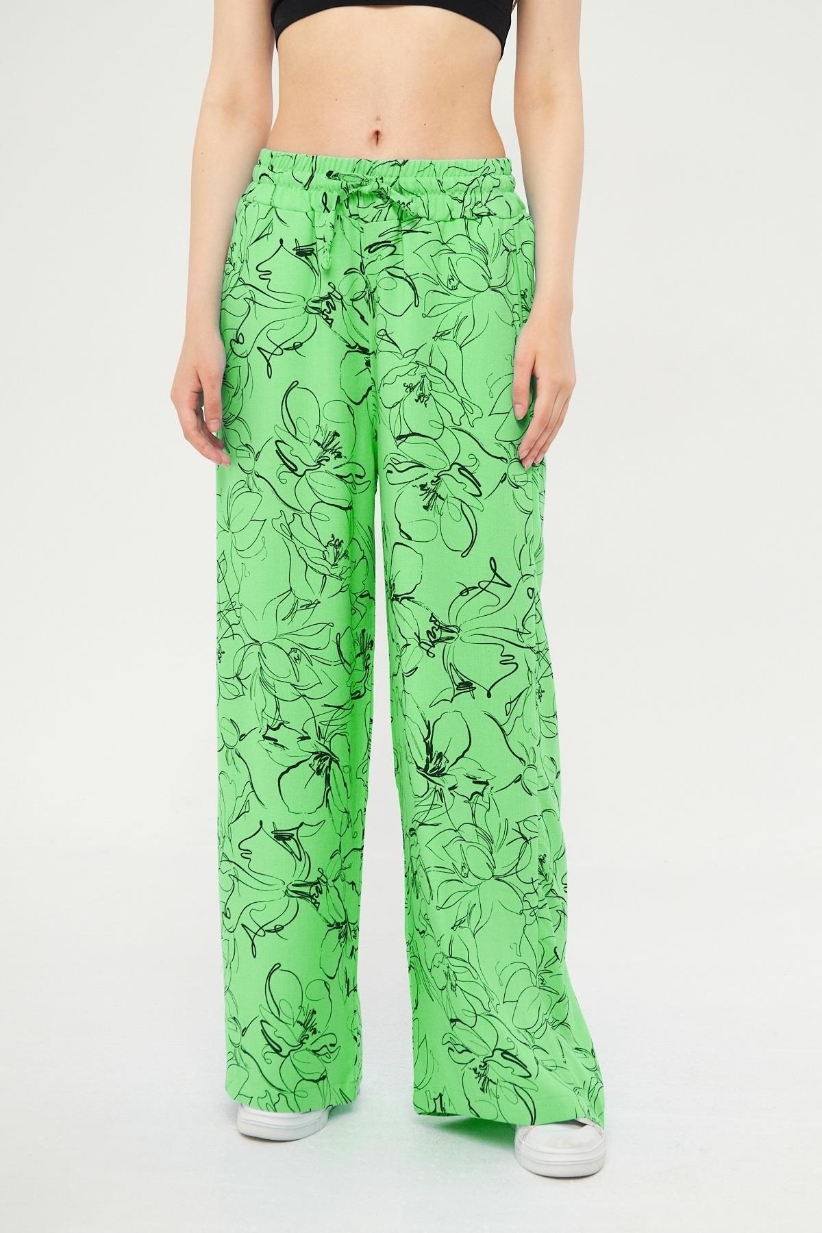 Camenta Kadın Mevsimlik Yeşil Desenli Keten Palazzo Pantolon