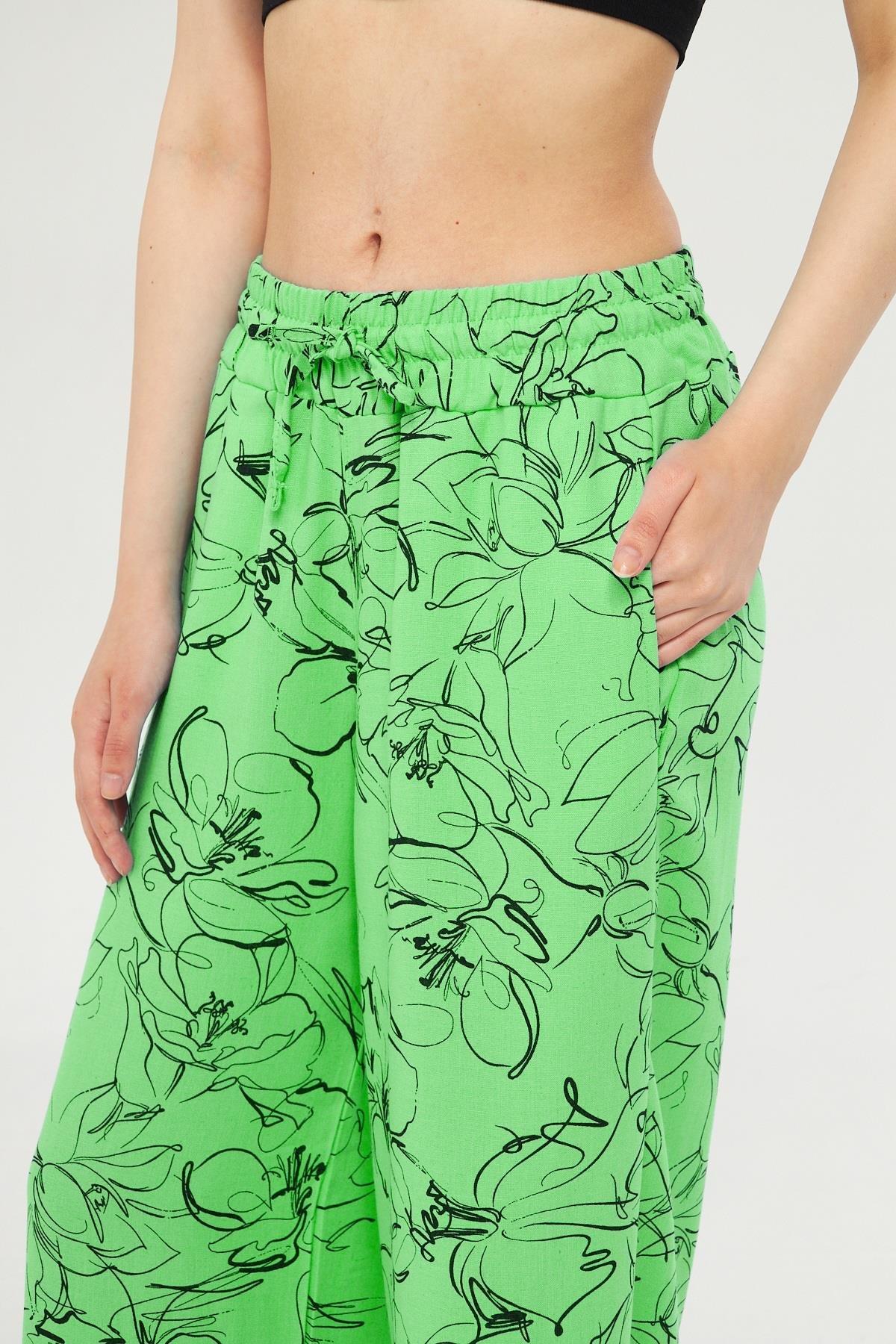 Camenta Kadın Mevsimlik Yeşil Desenli Keten Palazzo Pantolon