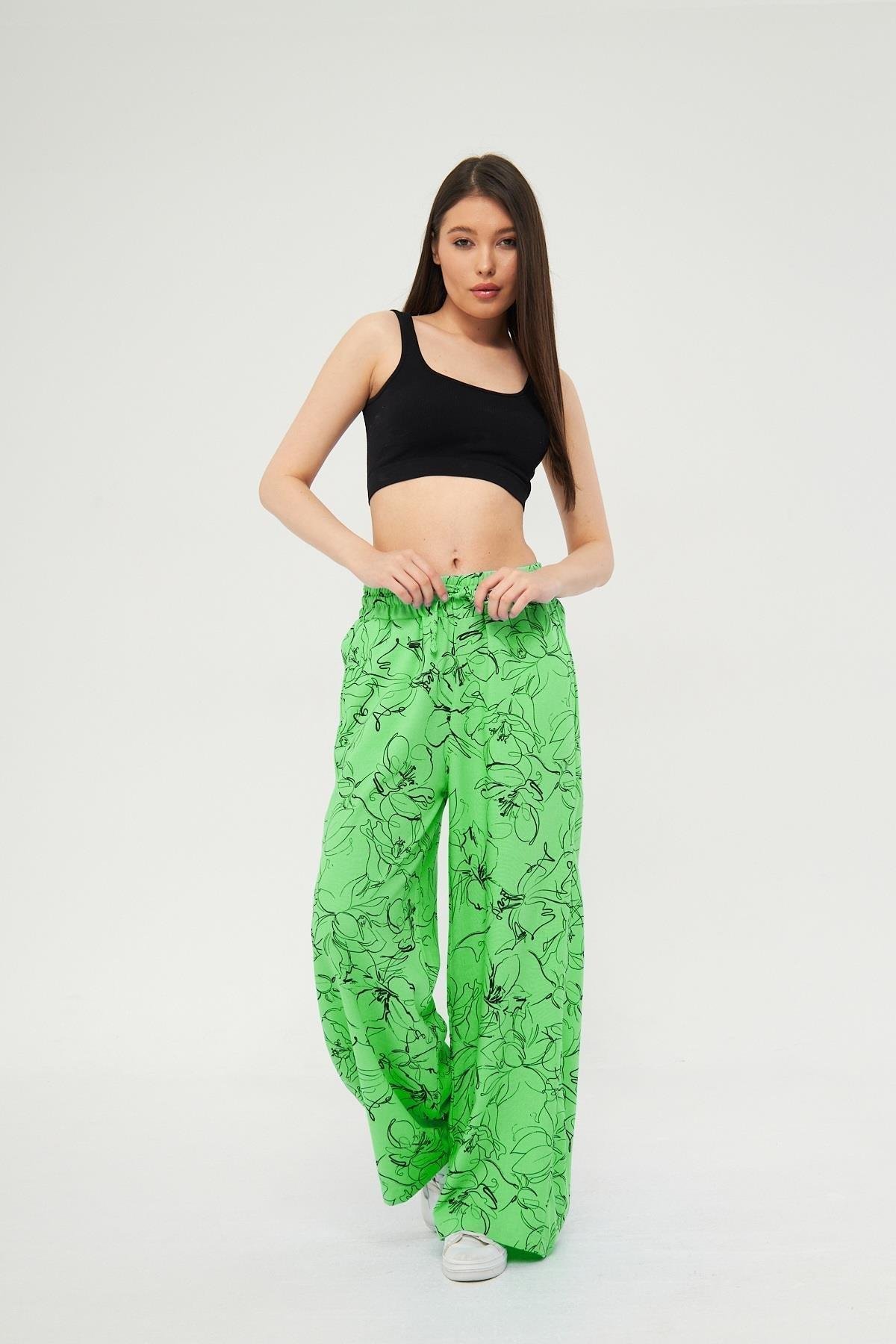 Camenta Kadın Mevsimlik Yeşil Desenli Keten Palazzo Pantolon