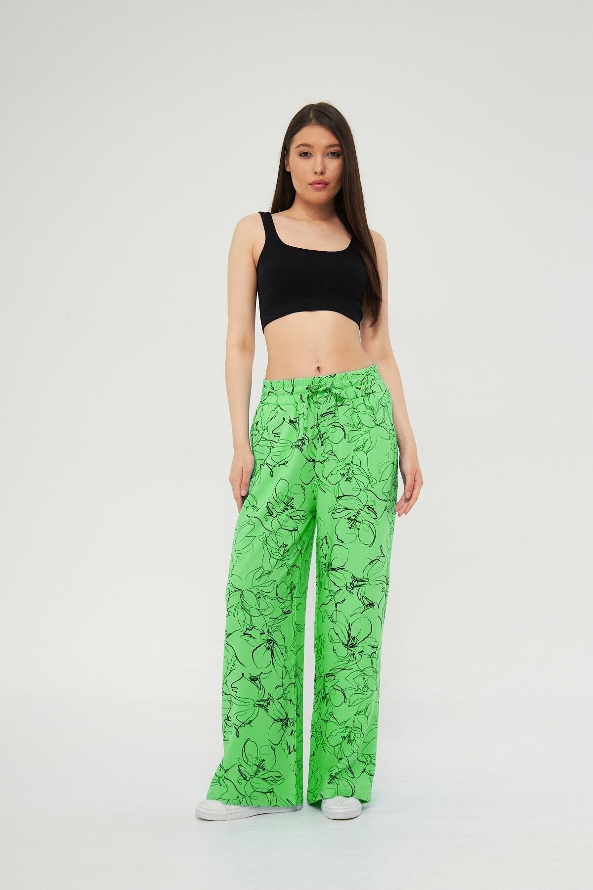 Camenta Kadın Mevsimlik Yeşil Desenli Keten Palazzo Pantolon