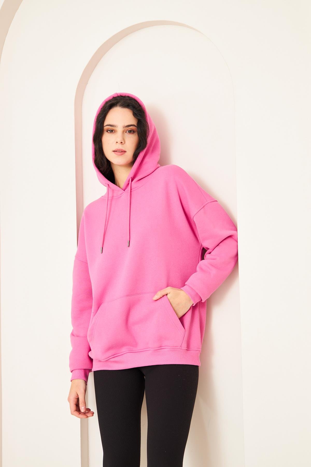 Camenta Kadın Pembe Kanguru Cepli Kapüşonlu Oversize Sweatshirt