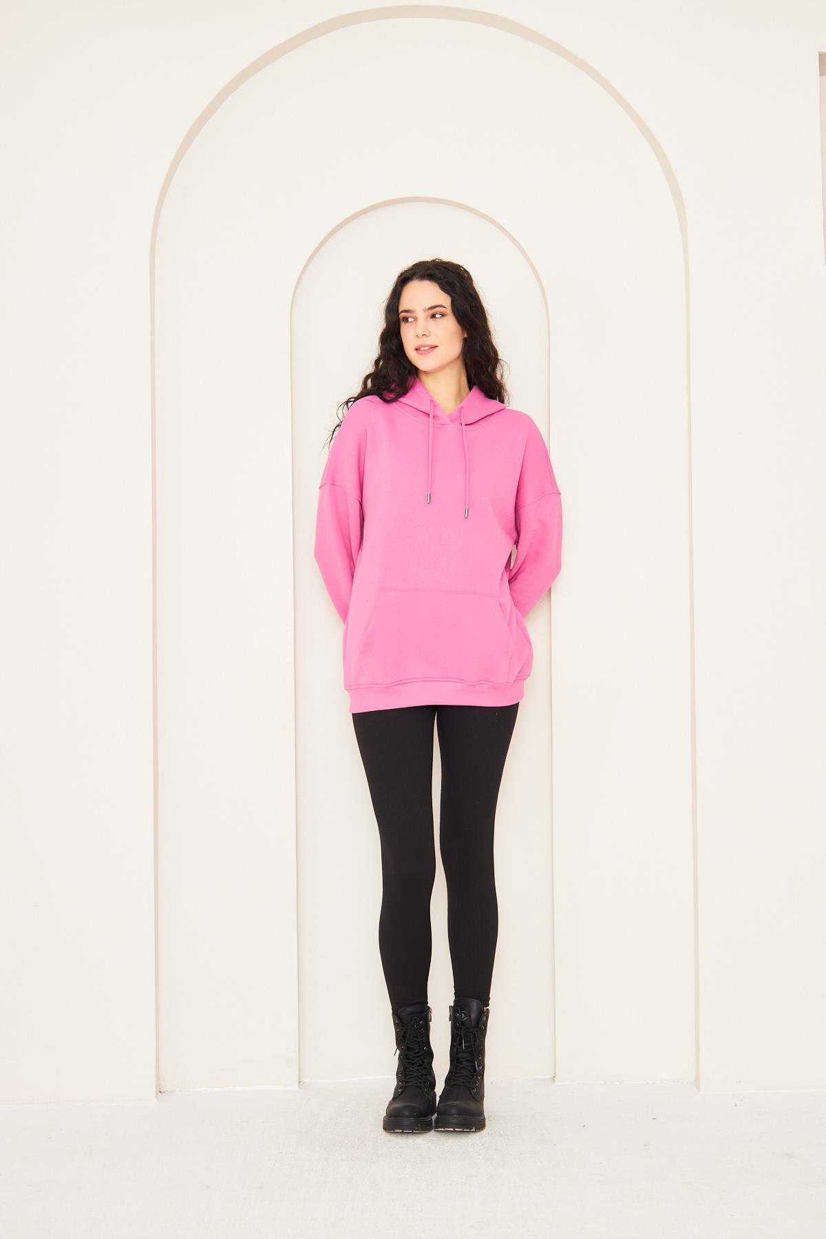 Camenta Kadın Pembe Kanguru Cepli Kapüşonlu Oversize Sweatshirt