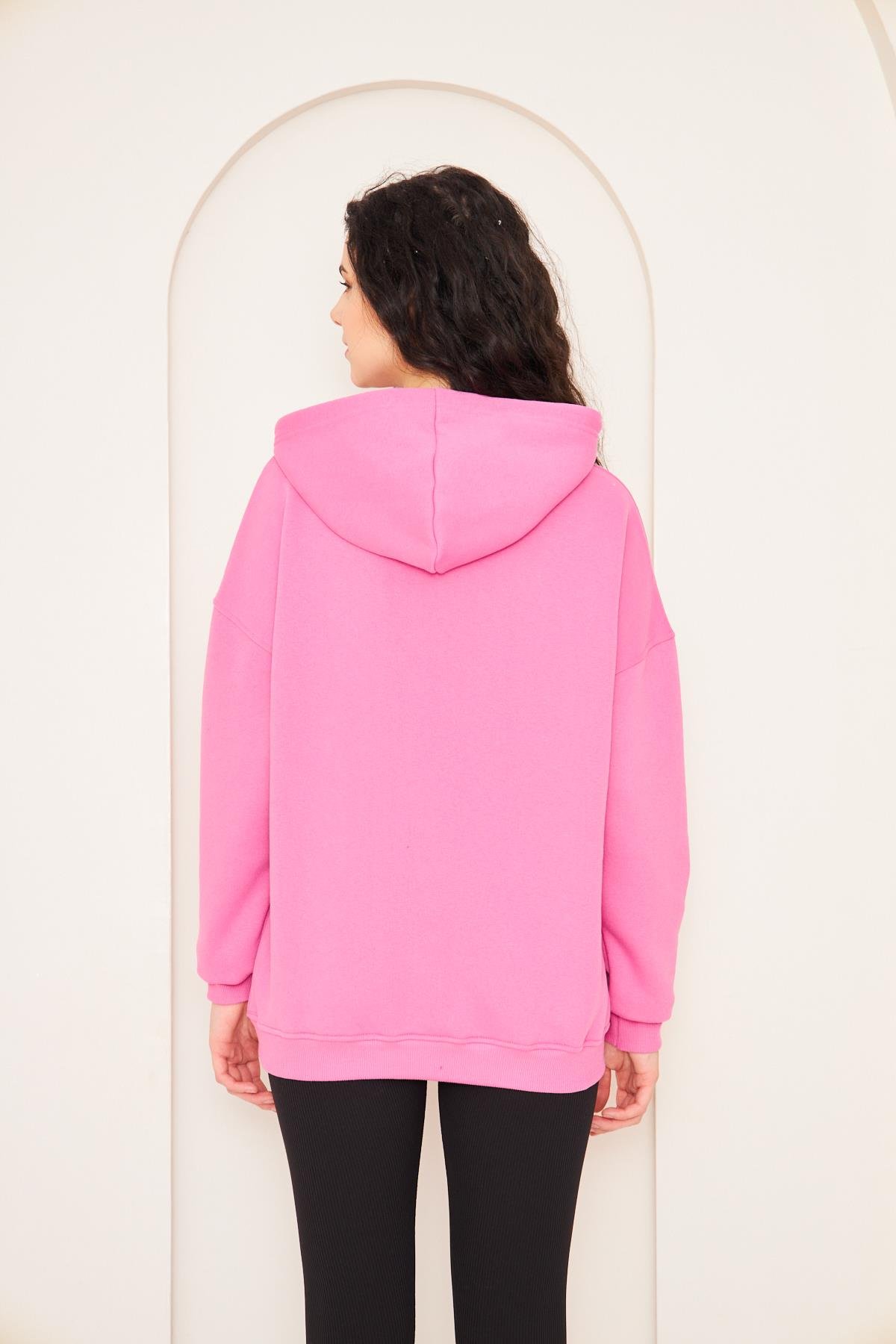 Camenta Kadın Pembe Kanguru Cepli Kapüşonlu Oversize Sweatshirt