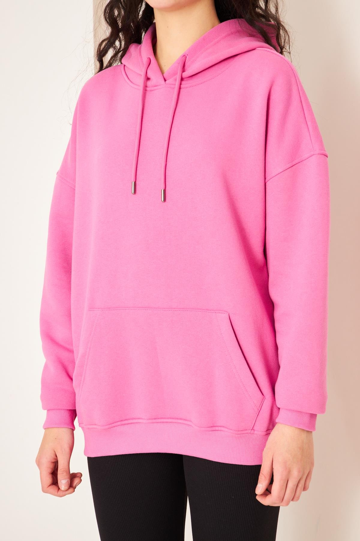 Camenta Kadın Pembe Kanguru Cepli Kapüşonlu Oversize Sweatshirt