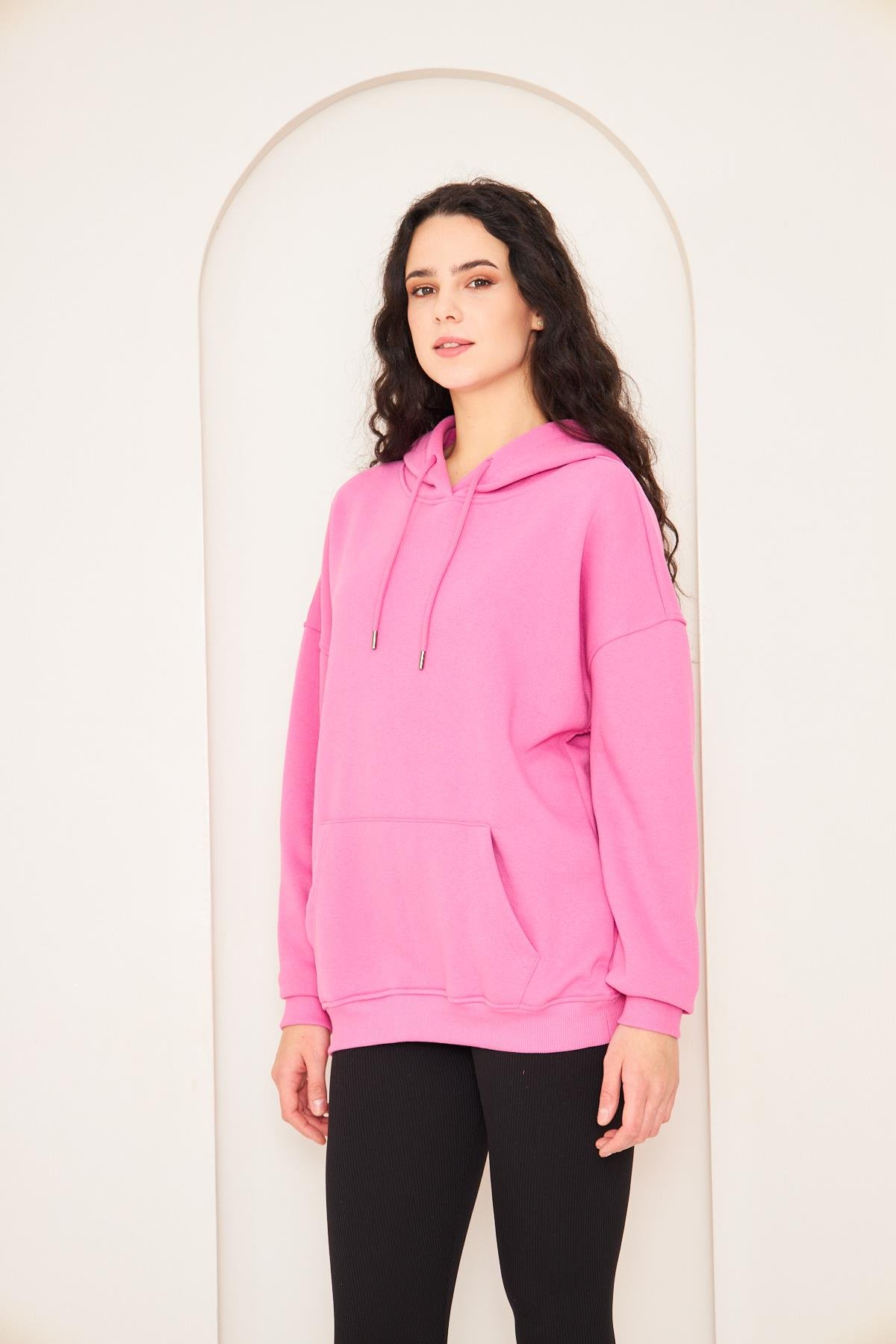 Camenta Kadın Pembe Kanguru Cepli Kapüşonlu Oversize Sweatshirt