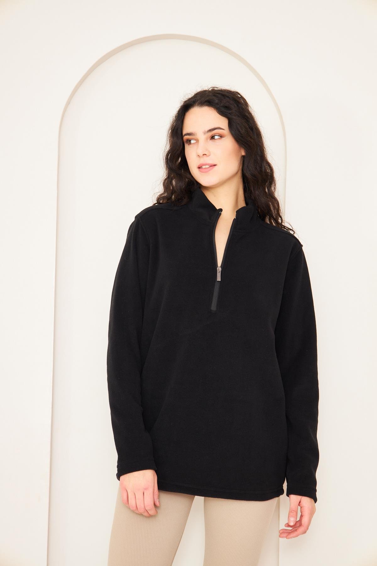 Camenta Kadın Siyah Fermuarlı Polar Sweatshirt