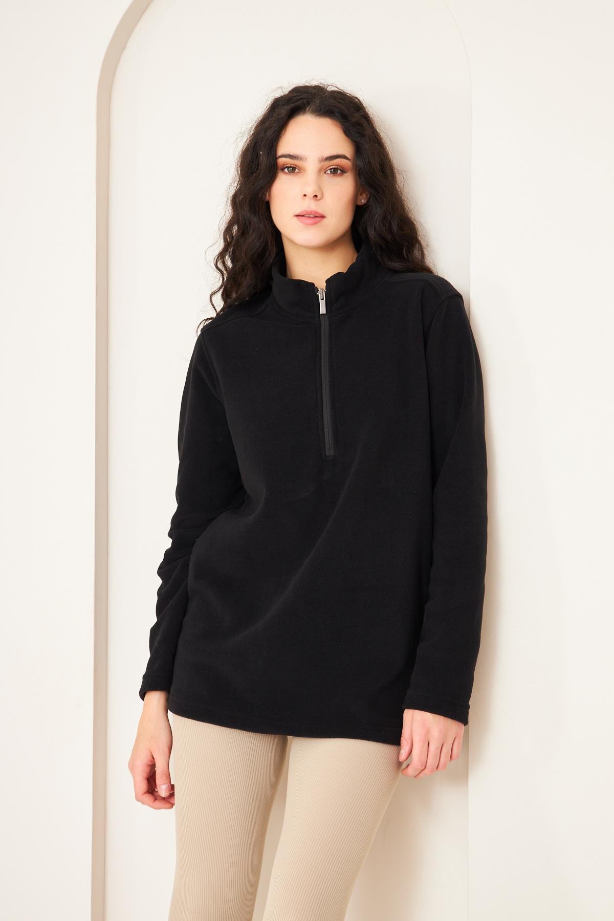 Camenta Kadın Siyah Fermuarlı Polar Sweatshirt