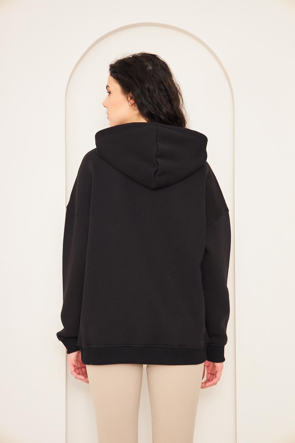 Camenta Kadın Siyah Kanguru Cepli Kapüşonlu Oversize Sweatshirt