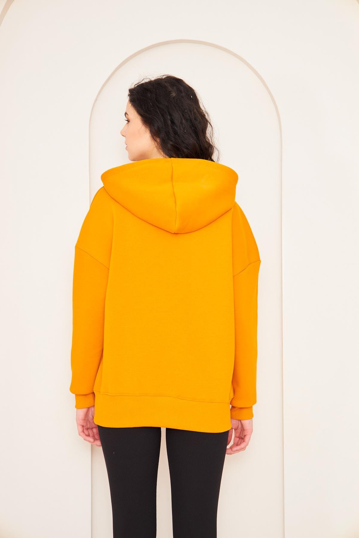 Camenta Kadın Turuncu Fermuarlı Kanguru Cepli Kapüşonlu Oversize Ceket Sweatshirt