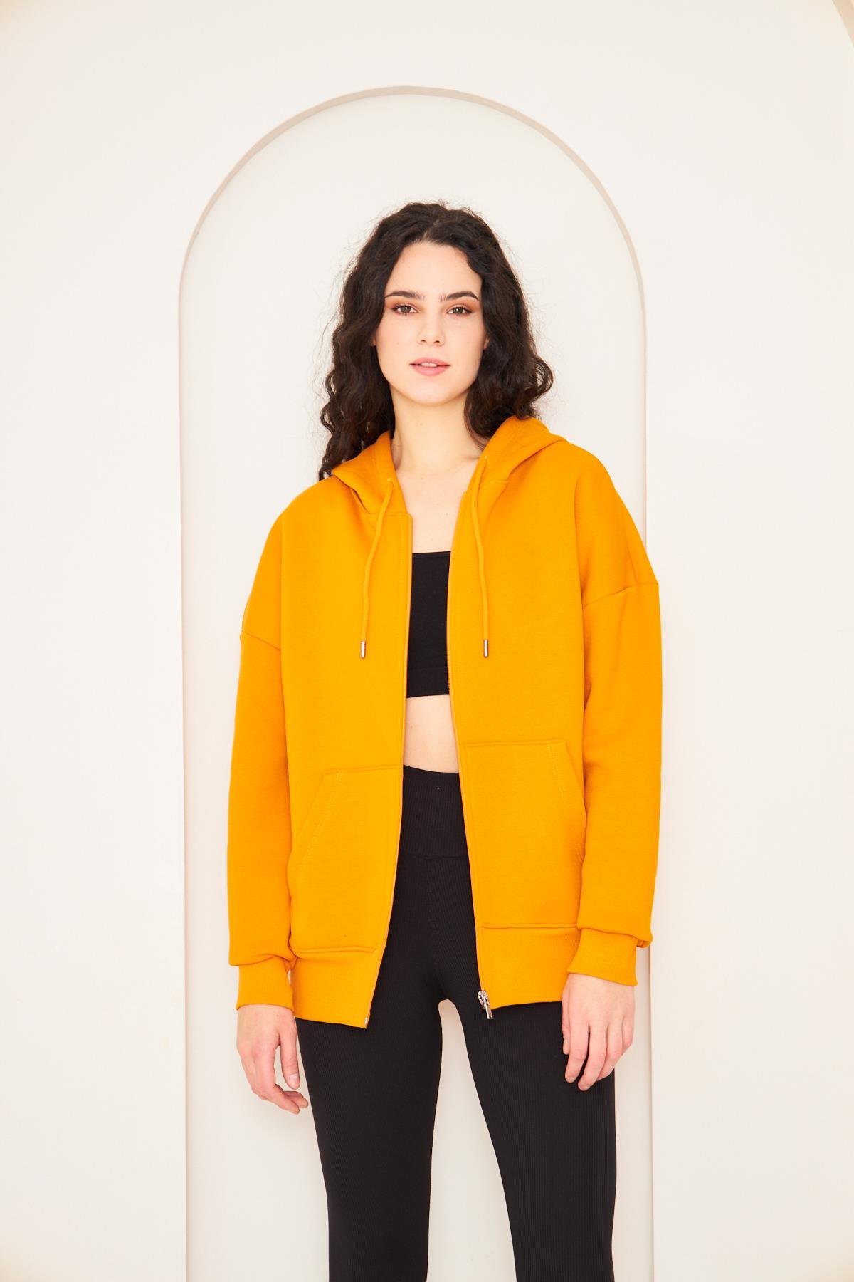 Camenta Kadın Turuncu Fermuarlı Kanguru Cepli Kapüşonlu Oversize Ceket Sweatshirt