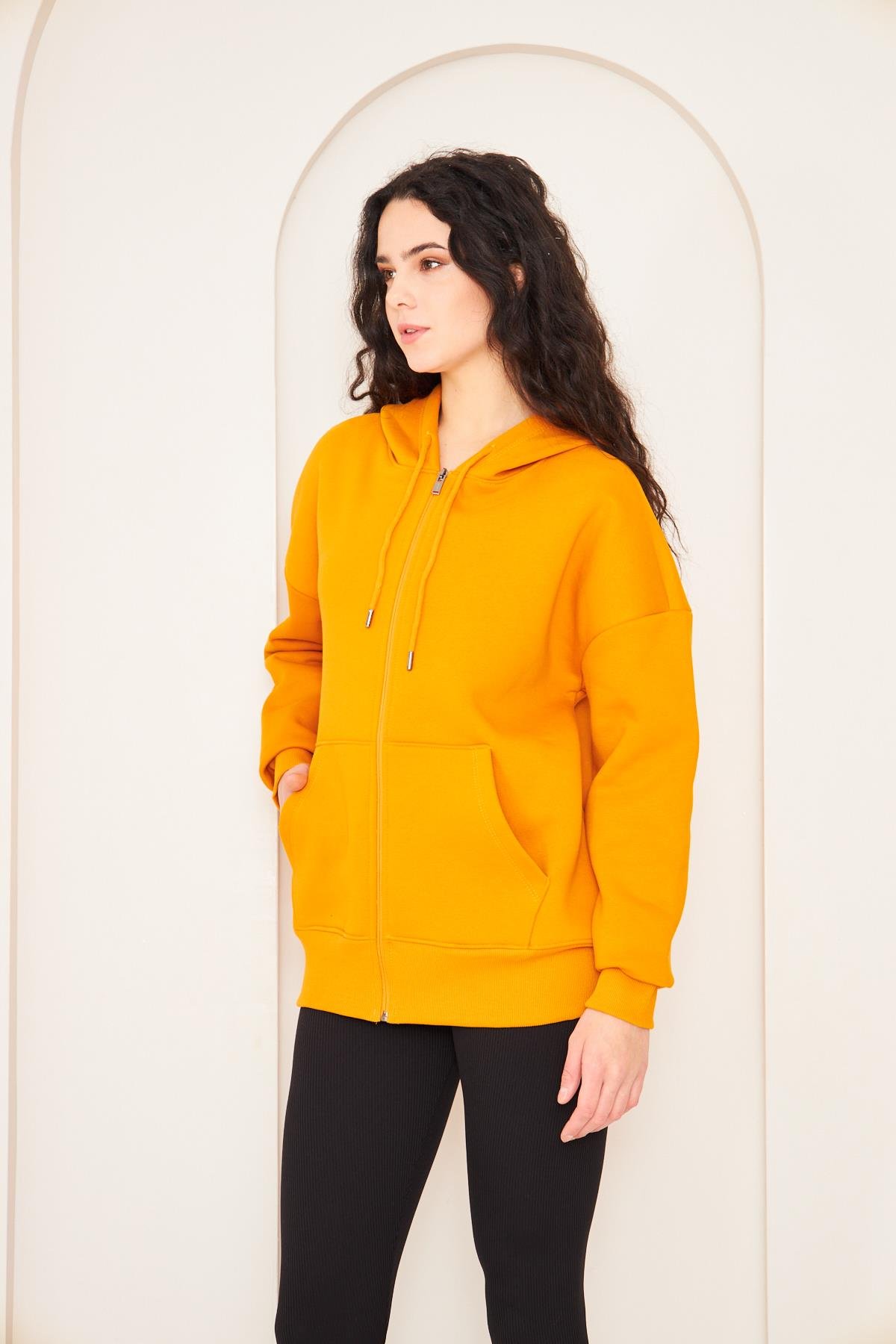 Camenta Kadın Turuncu Fermuarlı Kanguru Cepli Kapüşonlu Oversize Ceket Sweatshirt