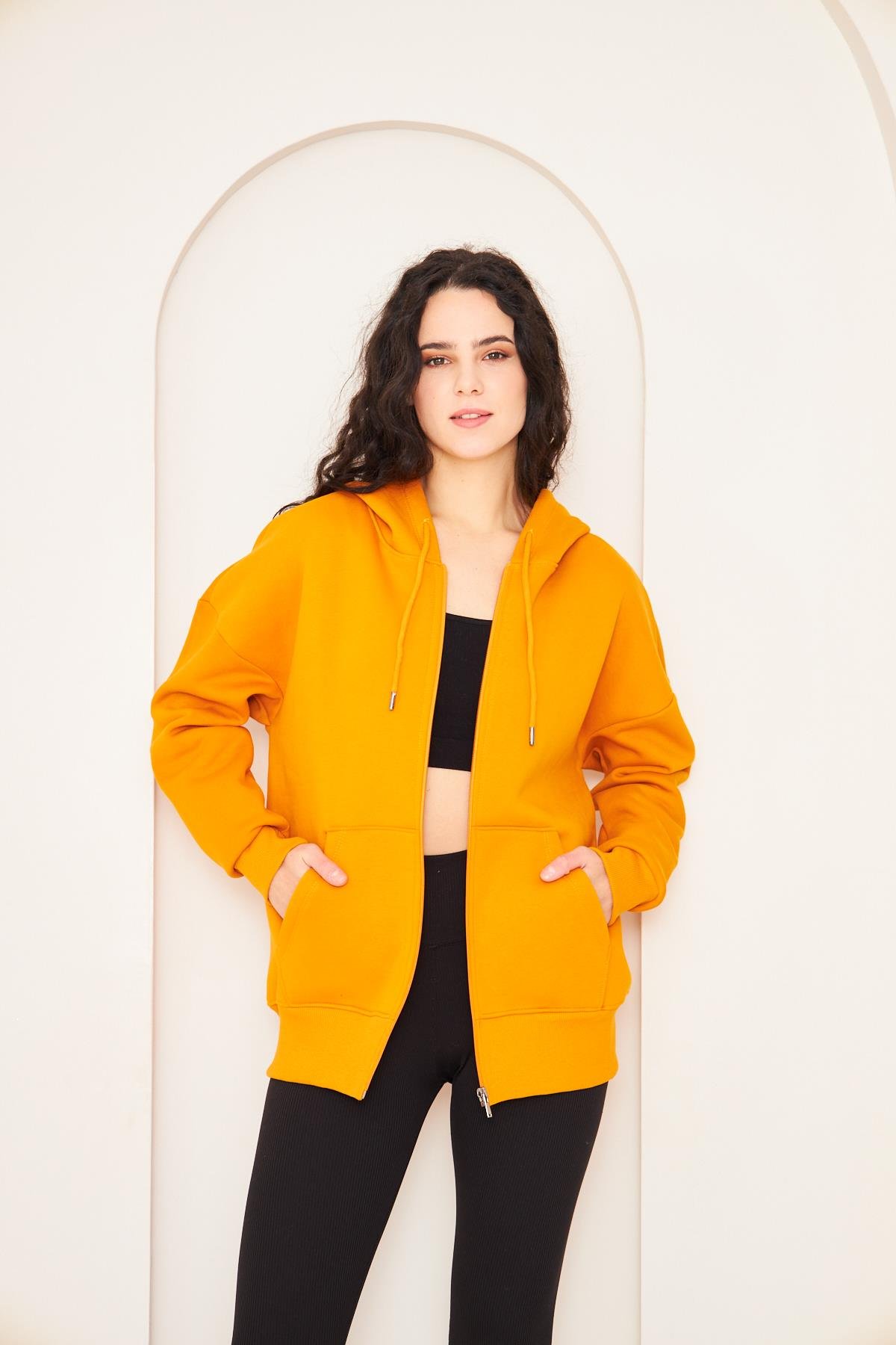 Camenta Kadın Turuncu Fermuarlı Kanguru Cepli Kapüşonlu Oversize Ceket Sweatshirt