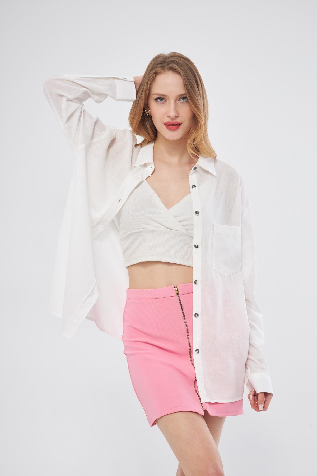 Camenta Kadın Uzun Kol Beyaz Keten Gömlek