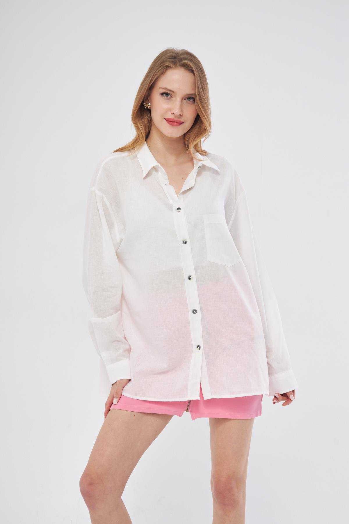 Camenta Kadın Uzun Kol Beyaz Keten Gömlek