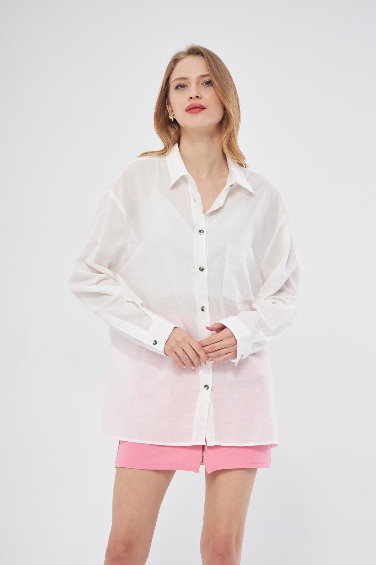 Camenta Kadın Uzun Kol Beyaz Keten Gömlek