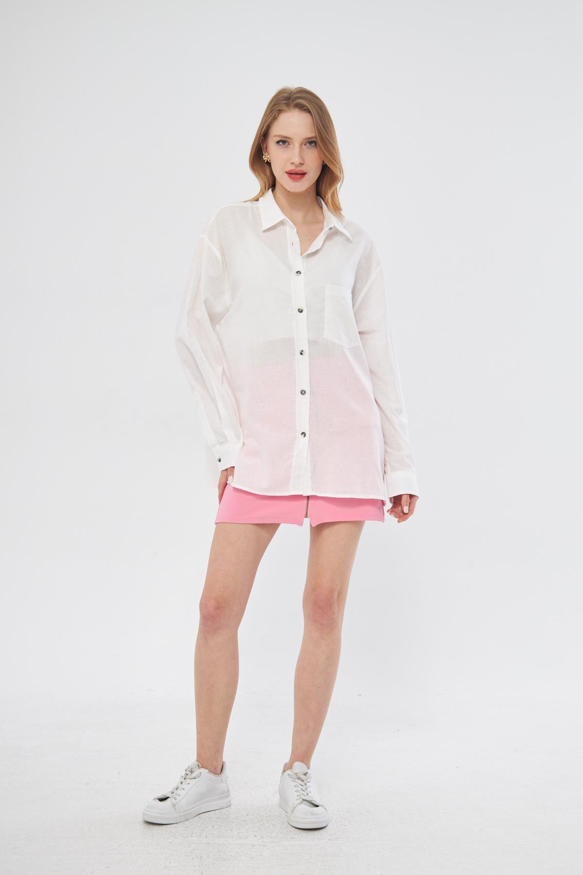 Camenta Kadın Uzun Kol Beyaz Keten Gömlek