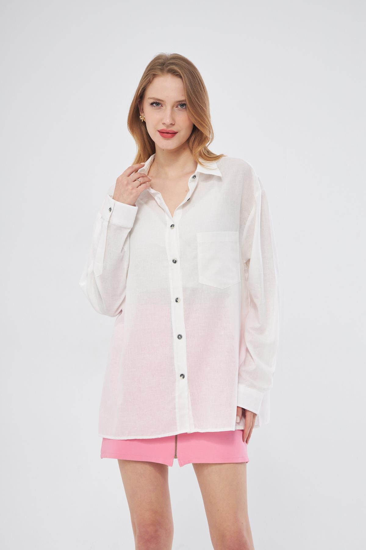 Camenta Kadın Uzun Kol Beyaz Keten Gömlek