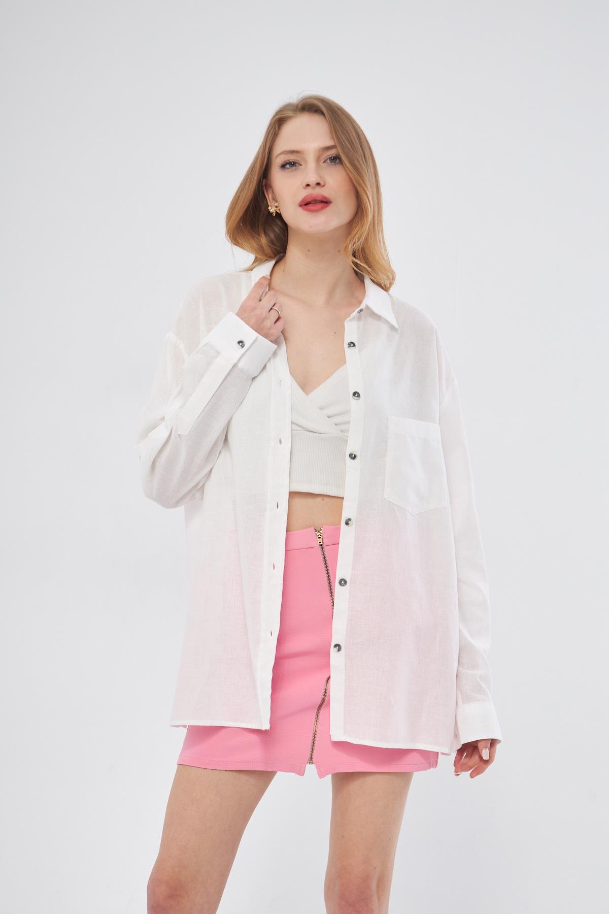 Camenta Kadın Uzun Kol Beyaz Keten Gömlek