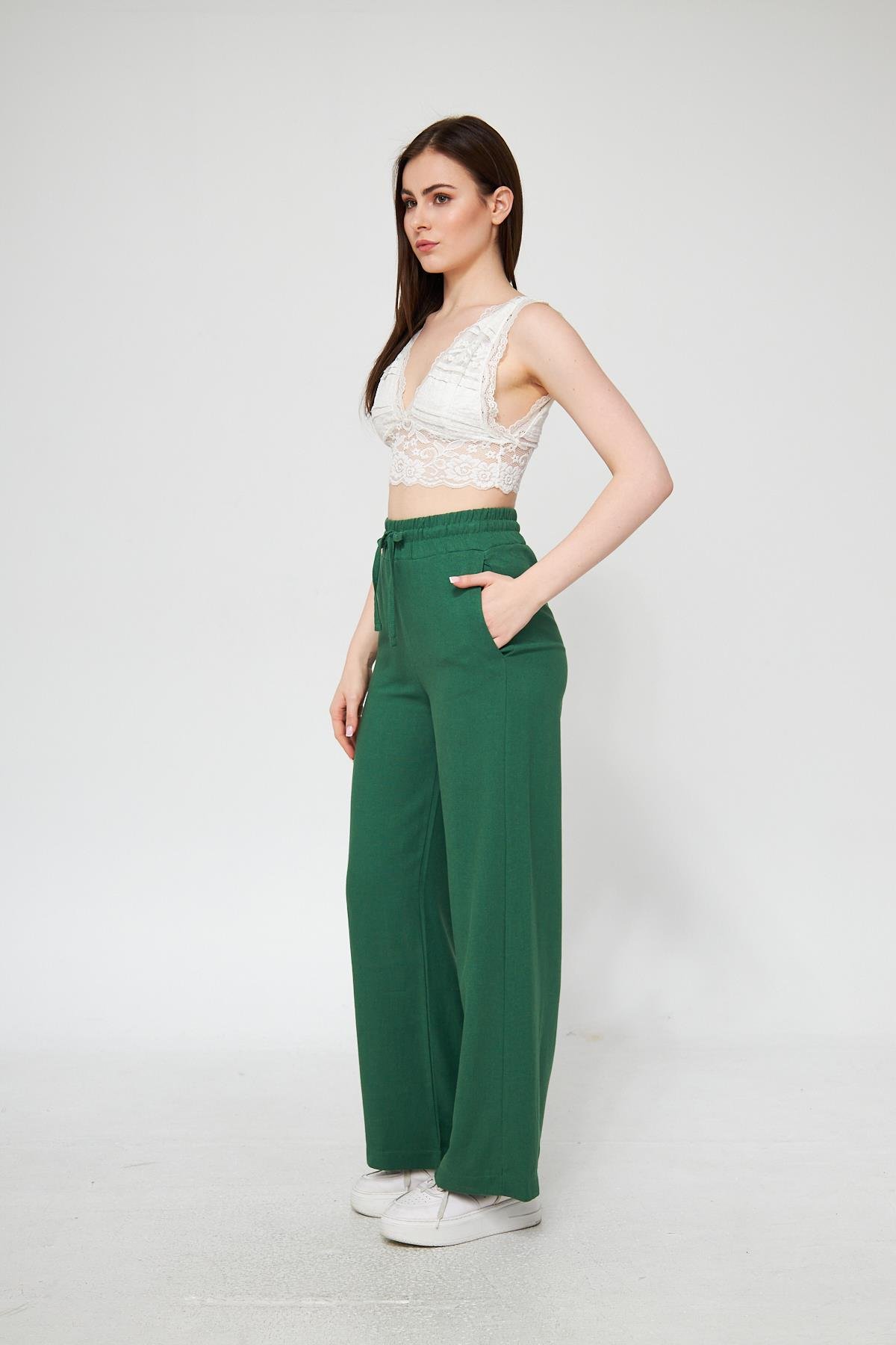 Camenta Kadın Yeşil Keten Palazzo Pantolon