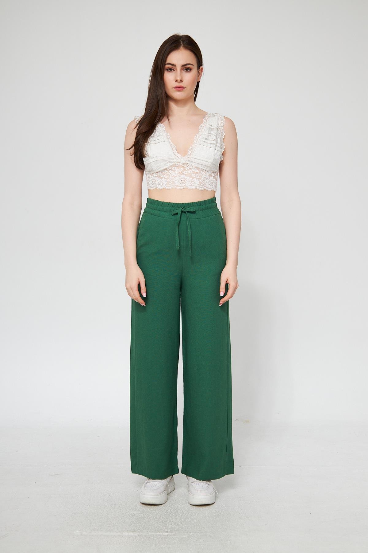 Camenta Kadın Yeşil Keten Palazzo Pantolon