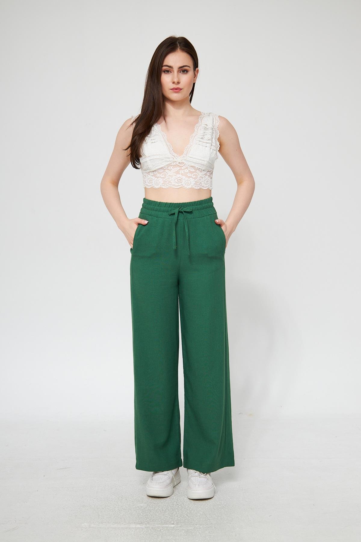 Camenta Kadın Yeşil Keten Palazzo Pantolon