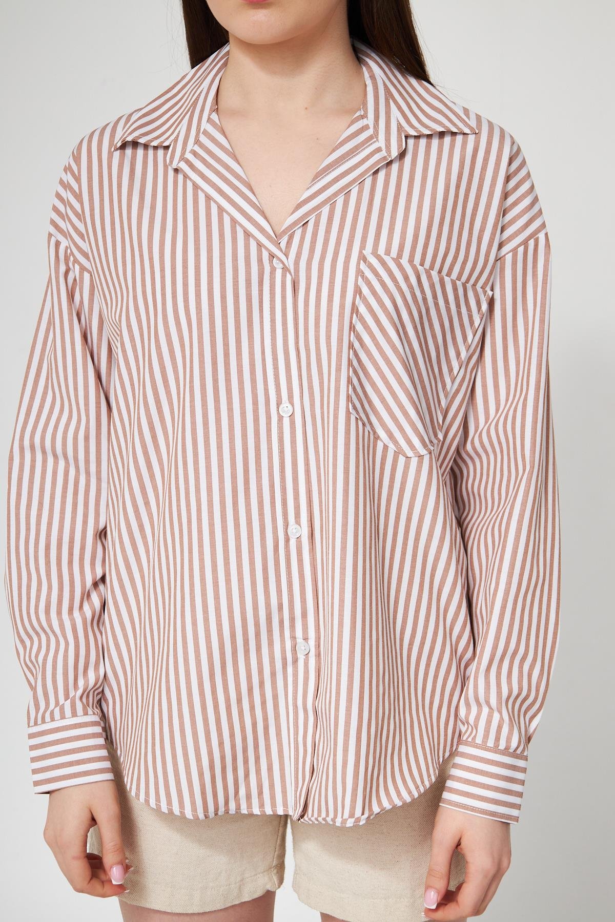 Camenta Kahverengi  Beyaz Çizgili Poplin Gömlek