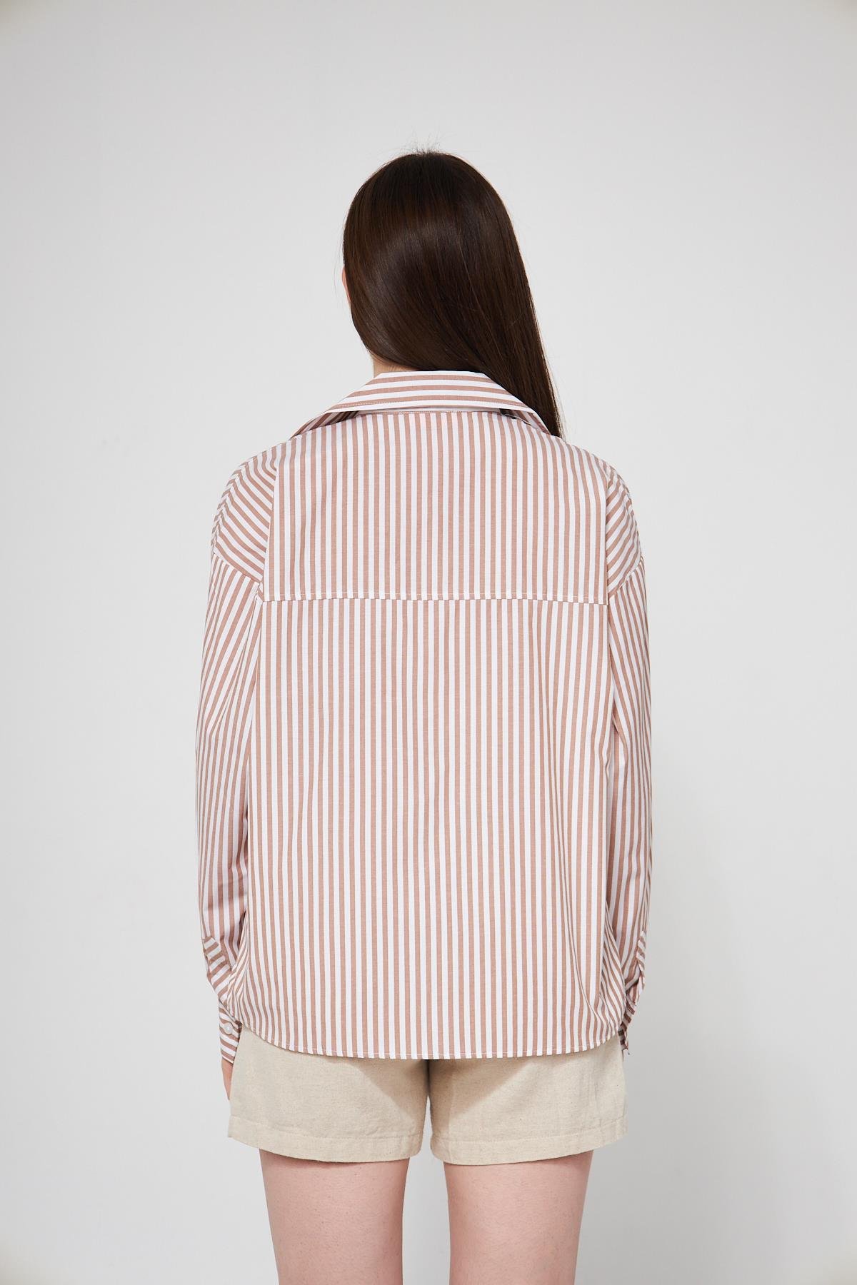 Camenta Kahverengi  Beyaz Çizgili Poplin Gömlek